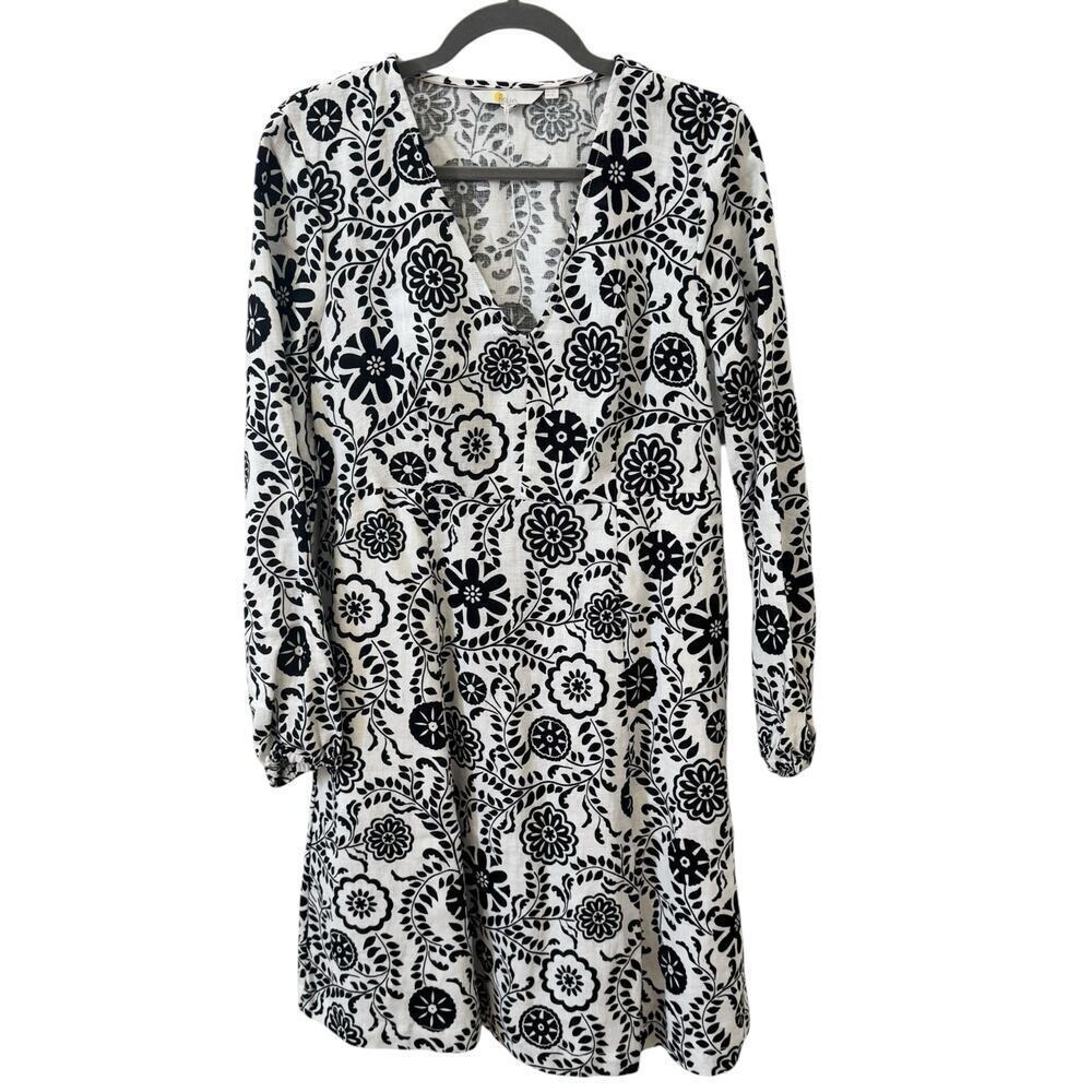 NWOT Boden 100% Linen V-Neck Flippy Dress Black White Floral Size 8L - Picture 4 of 11